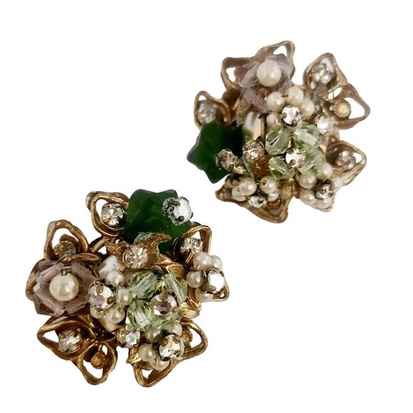 Signed Robert Wired Glass Crystal and Brass Clip Earrings (A4990) - Picture 2 of 6